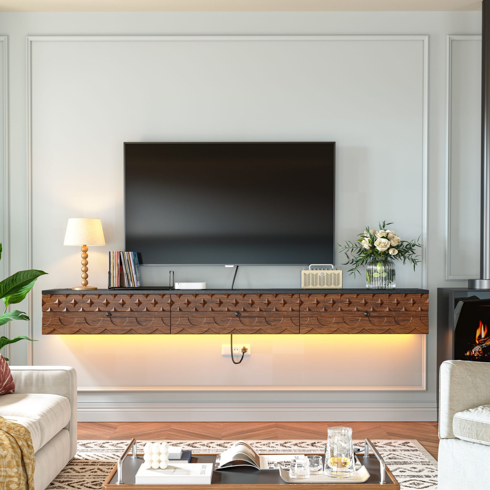 Elegant carved cabinet TV stand with vintage-inspired carved drawer fronts