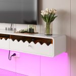 Floating TV console with transparent glass detail and rounded edges