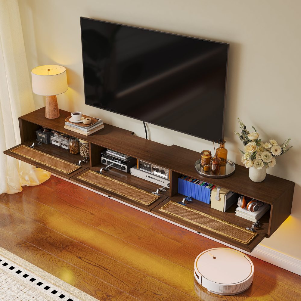 Handcrafted walnut wall TV unit with faux rattan fronts and retro vibes