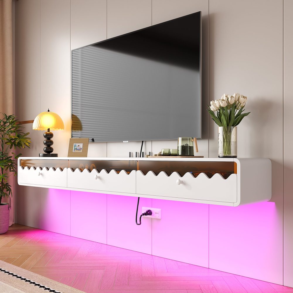Minimalist wall-mounted TV cabinet in glossy white finish