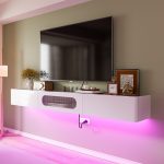 Minimalist wall-mounted white wood TV unit featuring central flip-down door with glass