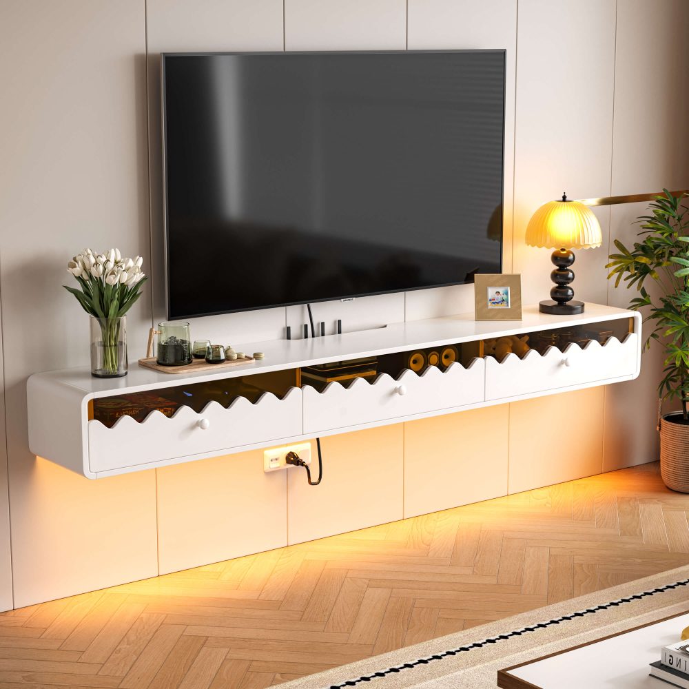 Modern wall TV stand with cable management and wave-edge drawers