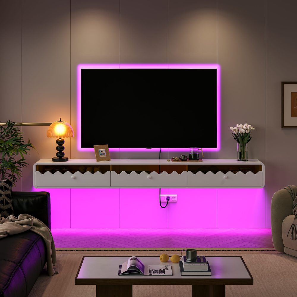 modern white floating tv stand with cable management and wave-edge drawers