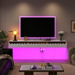 modern white floating tv stand with cable management and wave-edge drawers