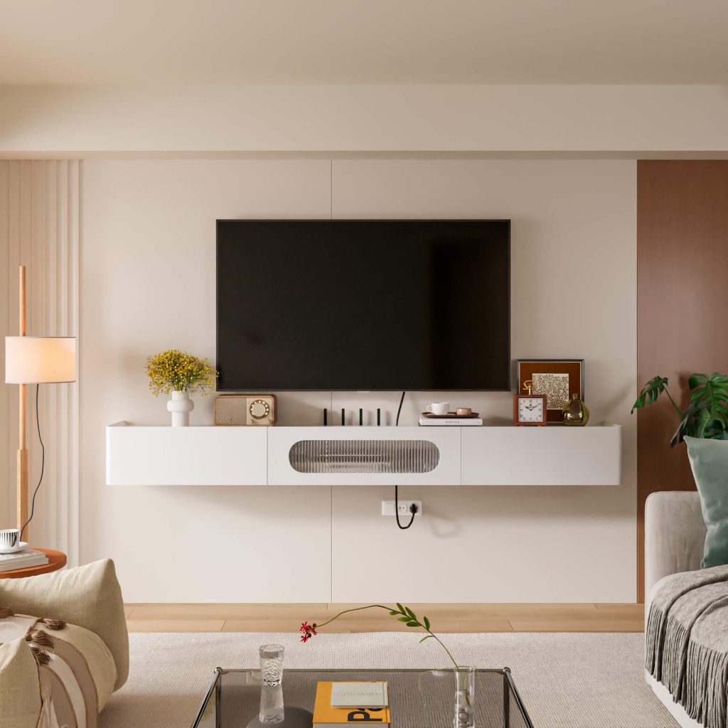 Modern white wood TV stand with glossy lacquer finish and floating wall-mounted design