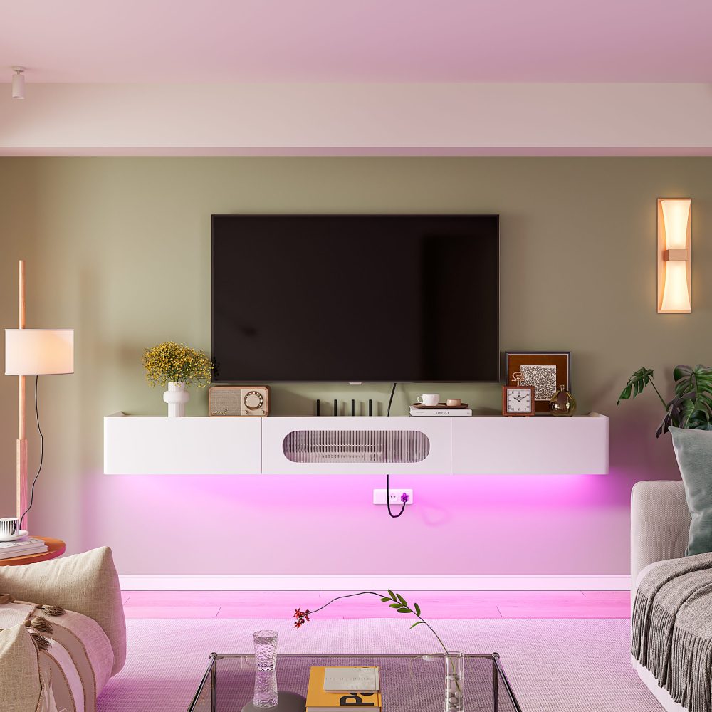 Modern white wood TV stand with glossy lacquer finish and floating wall-mounted design