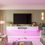 Modern white wood TV stand with glossy lacquer finish and floating wall-mounted design
