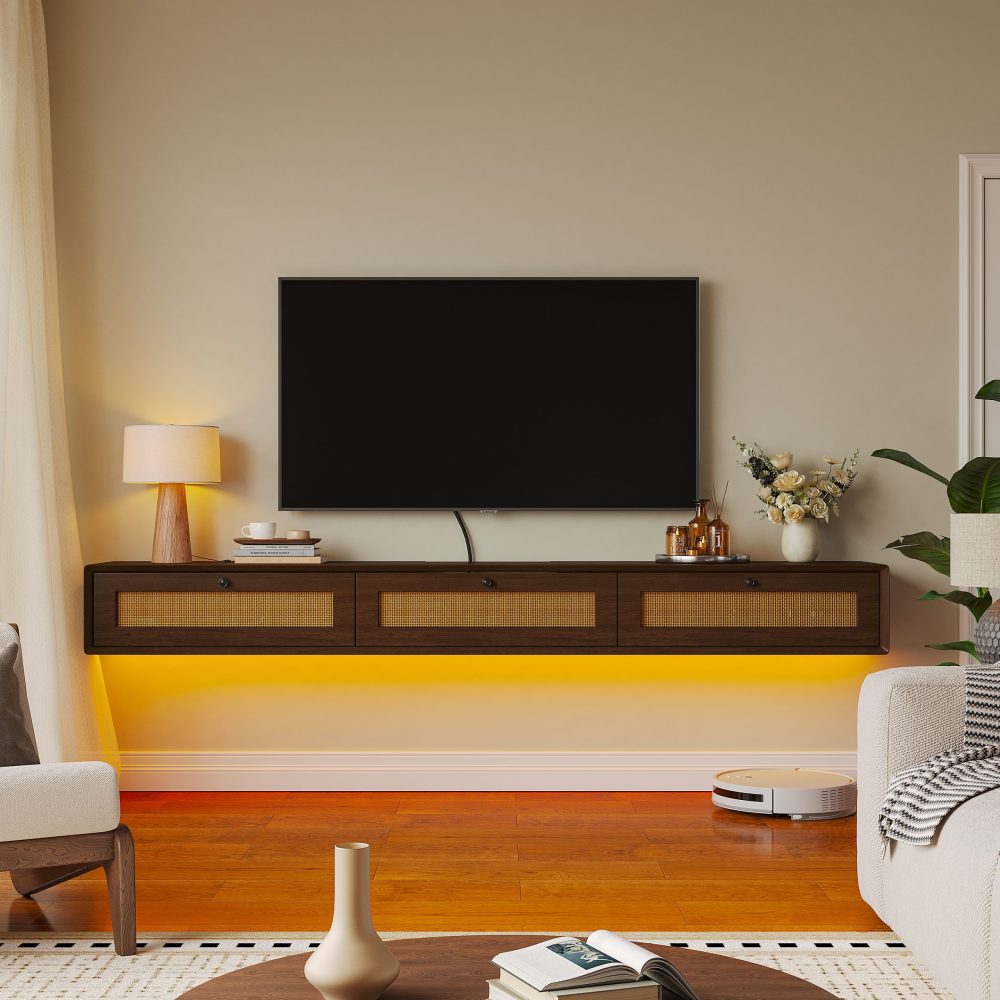 Rustic walnut floating media console featuring rattan-inspired cabinet doors.