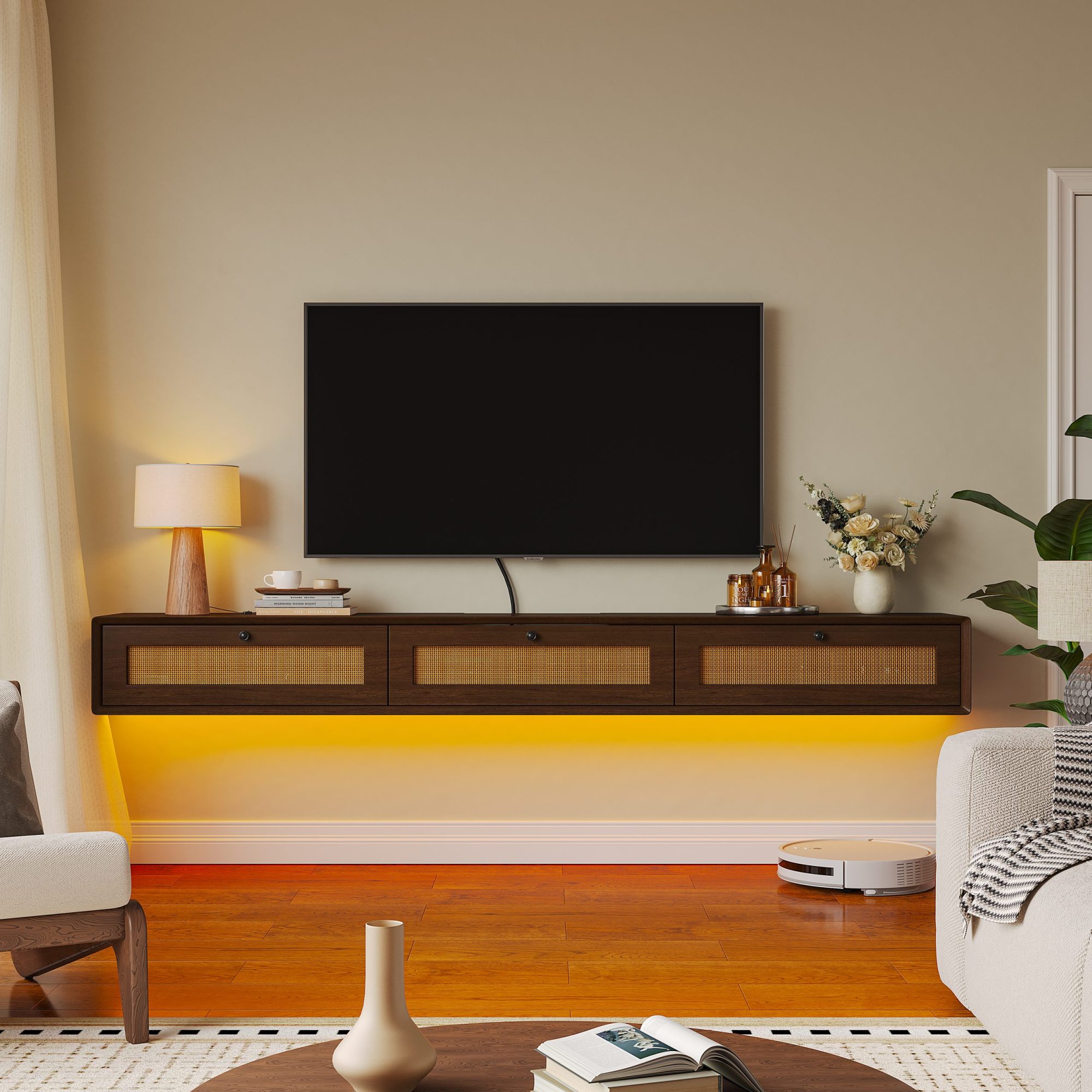 Rustic walnut floating media console featuring rattan-inspired cabinet doors.