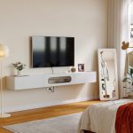 Stylish modern TV stand with glossy white finish, transparent glass door