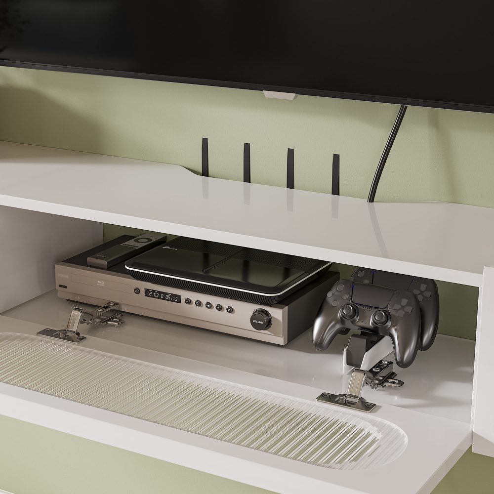 Stylish modern TV stand with glossy white finish, transparent glass door