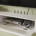 Stylish modern TV stand with glossy white finish, transparent glass door