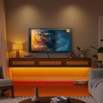 Three drop-down door TV stand in walnut color with hidden cable holes