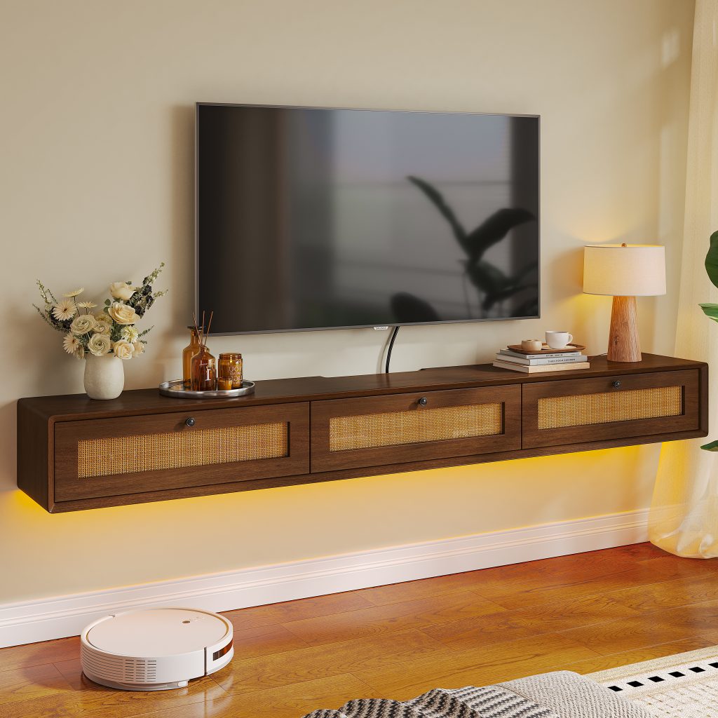 Vintage-style walnut wood TV stand mounted on wall