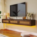 Walnut rattan wall-mounted TV stand with vintage farmhouse style