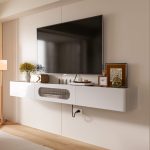 White gloss floating TV console with multi-layer solid wood frame and MDF cabinet fronts