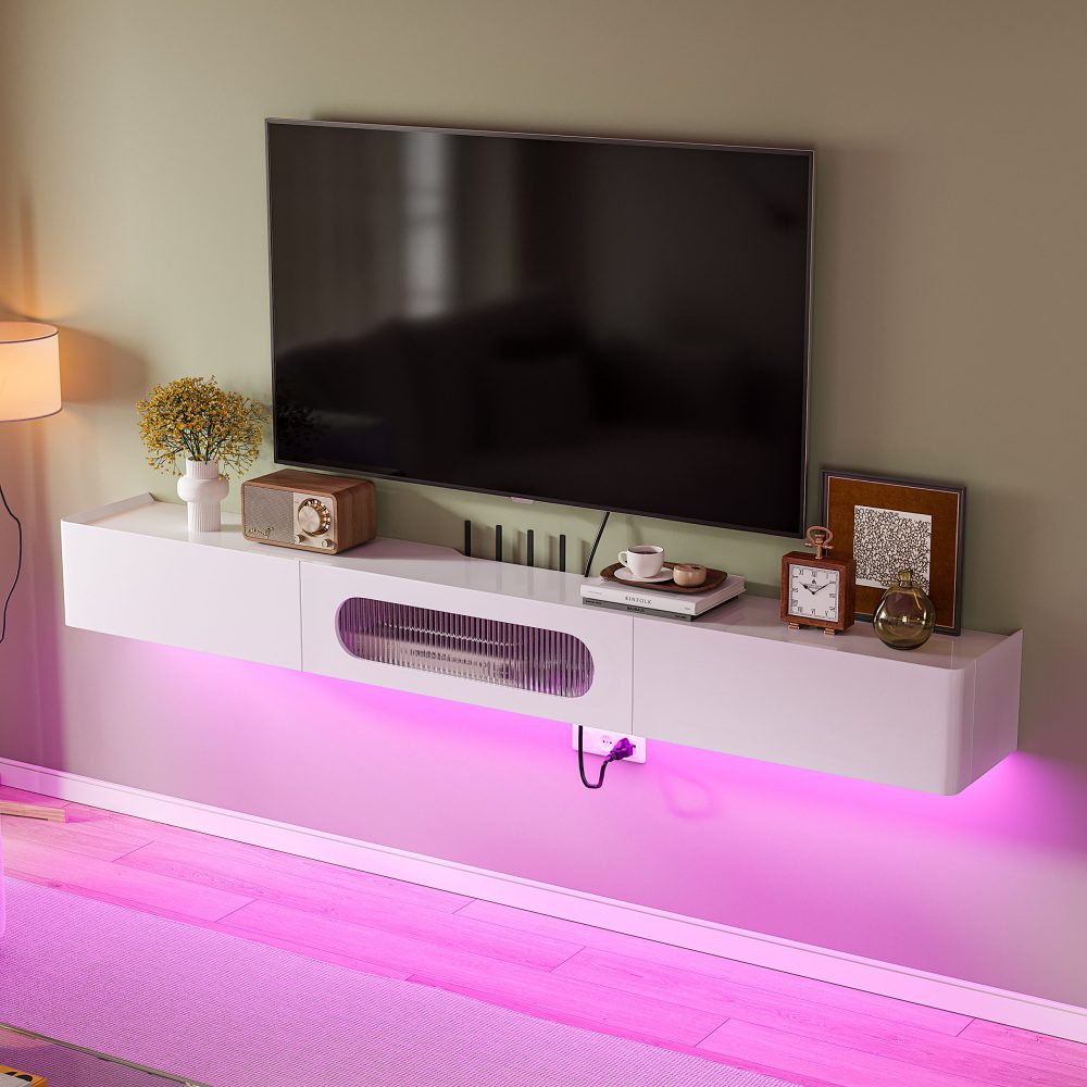 White gloss floating TV console with multi-layer solid wood frame and MDF cabinet fronts