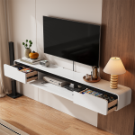White glossy wall-mounted TV cabinet with flip-down center door and side drawers