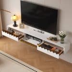 White high-gloss floating TV stand with glass and wood drawer fronts