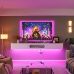 White wood wall-mounted TV stand with flip-down middle cabinet and two side drawers