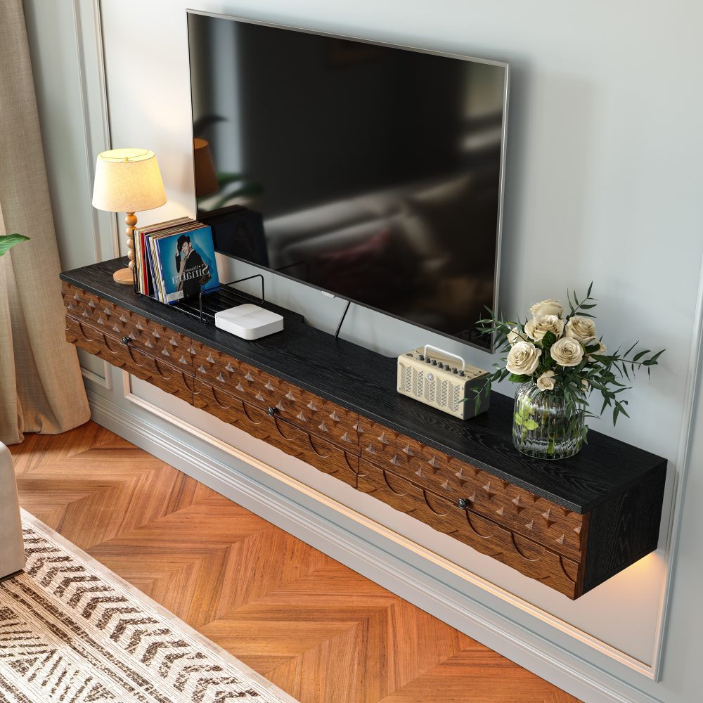 Black and walnut narrow floating TV stand with carved solid wood cabinet doors