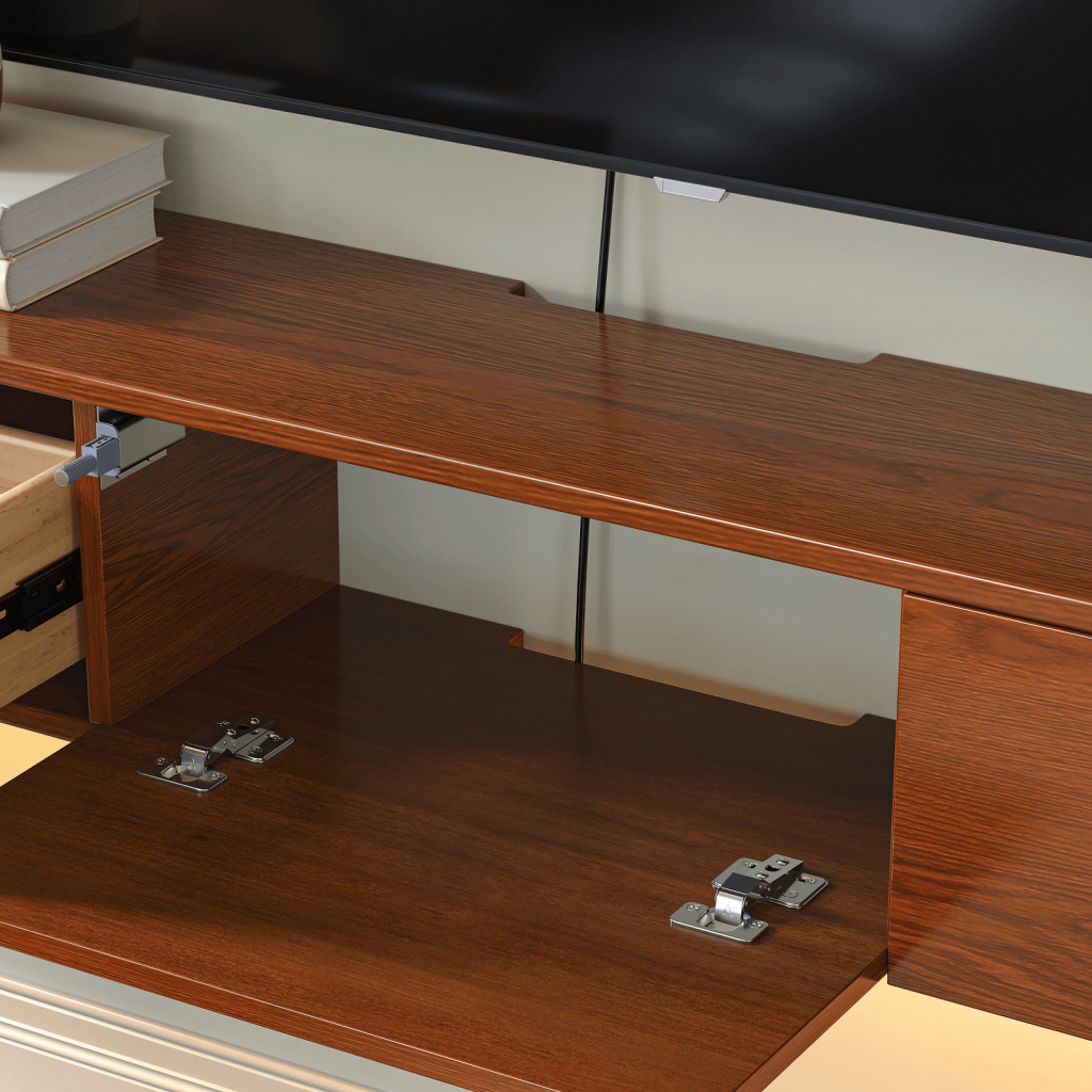 Cable management-ready floating media cabinet with elegant retro design