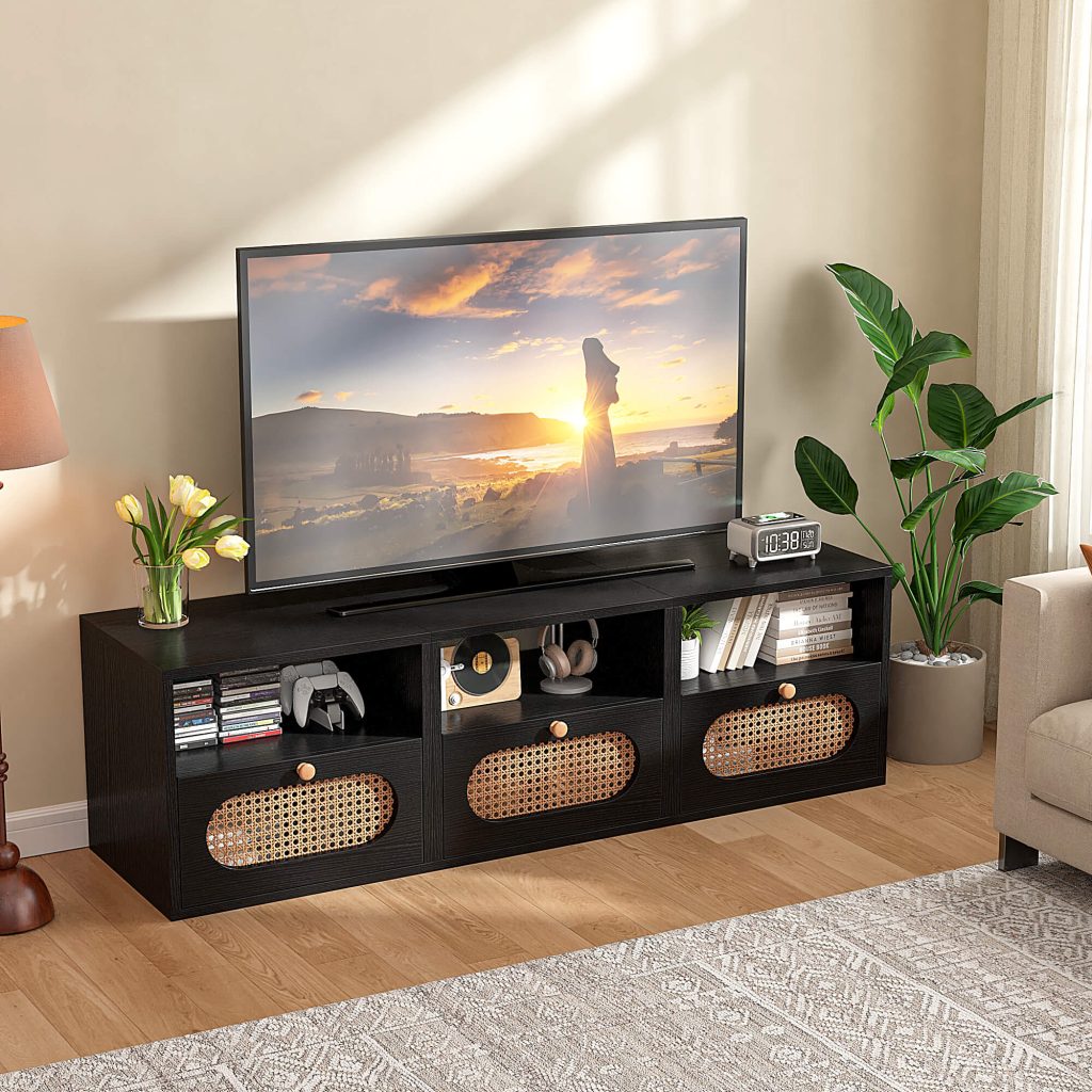 Contemporary Rattan Media Entertainment setup featuring black cabinets and natural rattan doors
