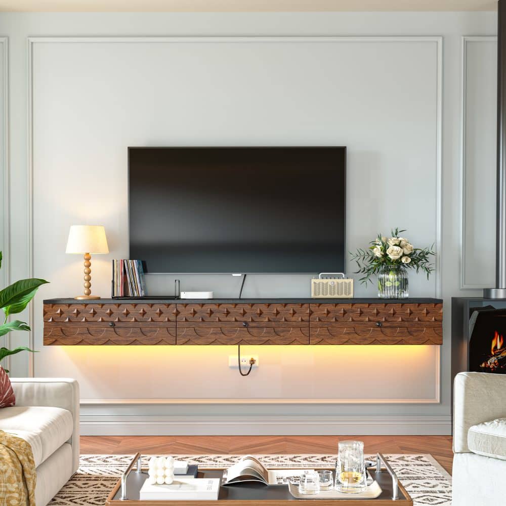 Elegant black and walnut TV stand carved cabinet with vintage-inspired carved drawer fronts