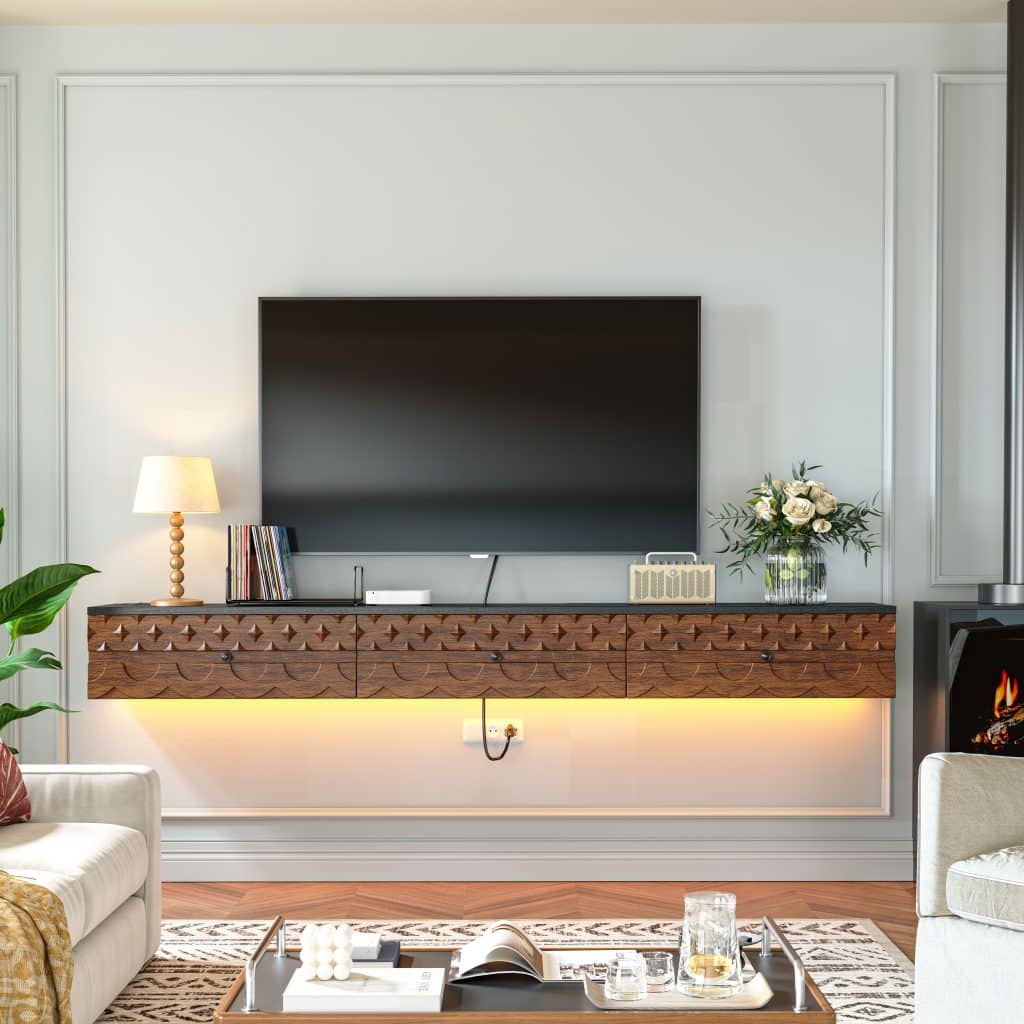 Elegant black and walnut TV stand carved cabinet with vintage-inspired carved drawer fronts