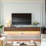 Elegant black and walnut TV stand carved cabinet with vintage-inspired carved drawer fronts