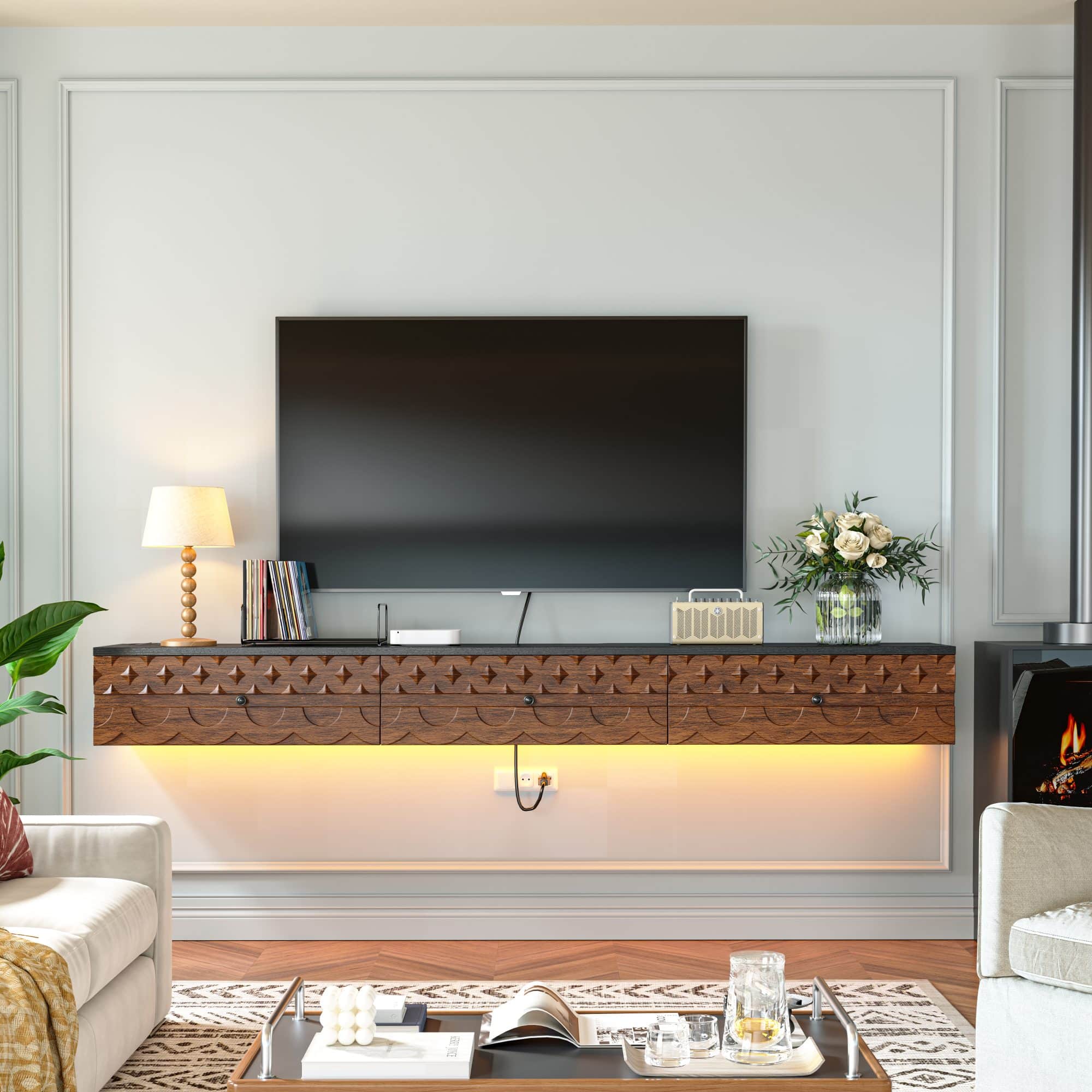 Elegant black and walnut TV stand carved cabinet with vintage-inspired carved drawer fronts