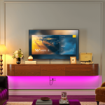 Floating TV console with curved side drawers and center flip-down compartment