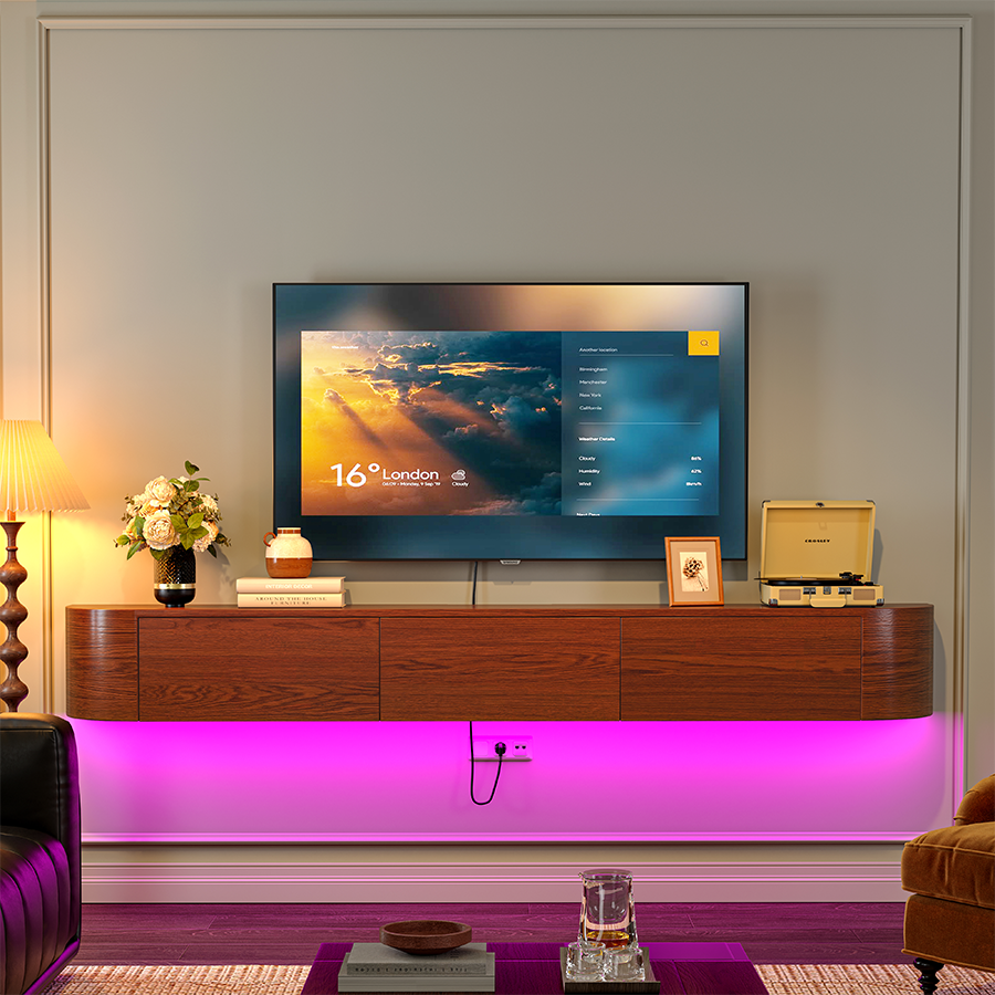 Floating TV console with curved side drawers and center flip-down compartment