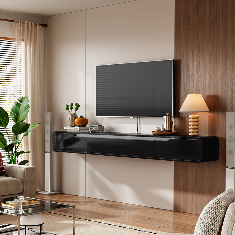 Minimalist black glossy floating TV stand with functional storage solutions