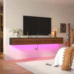 Modern carved wood floating TV console with cable management holes