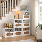 Modern rattan cabinet styled as a living room console