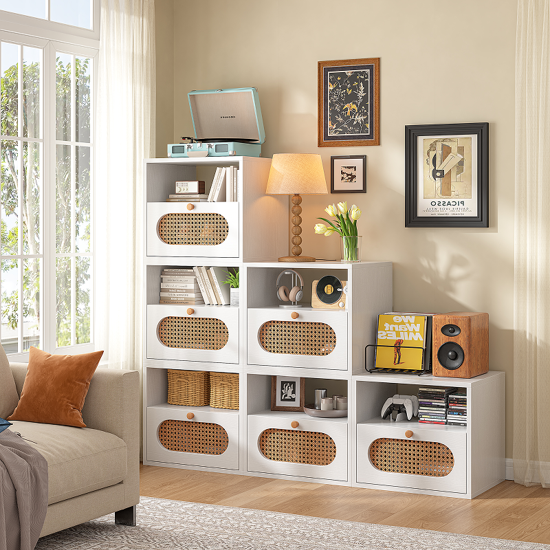 Natural rattan cabinet with upper book storage and lower compartments