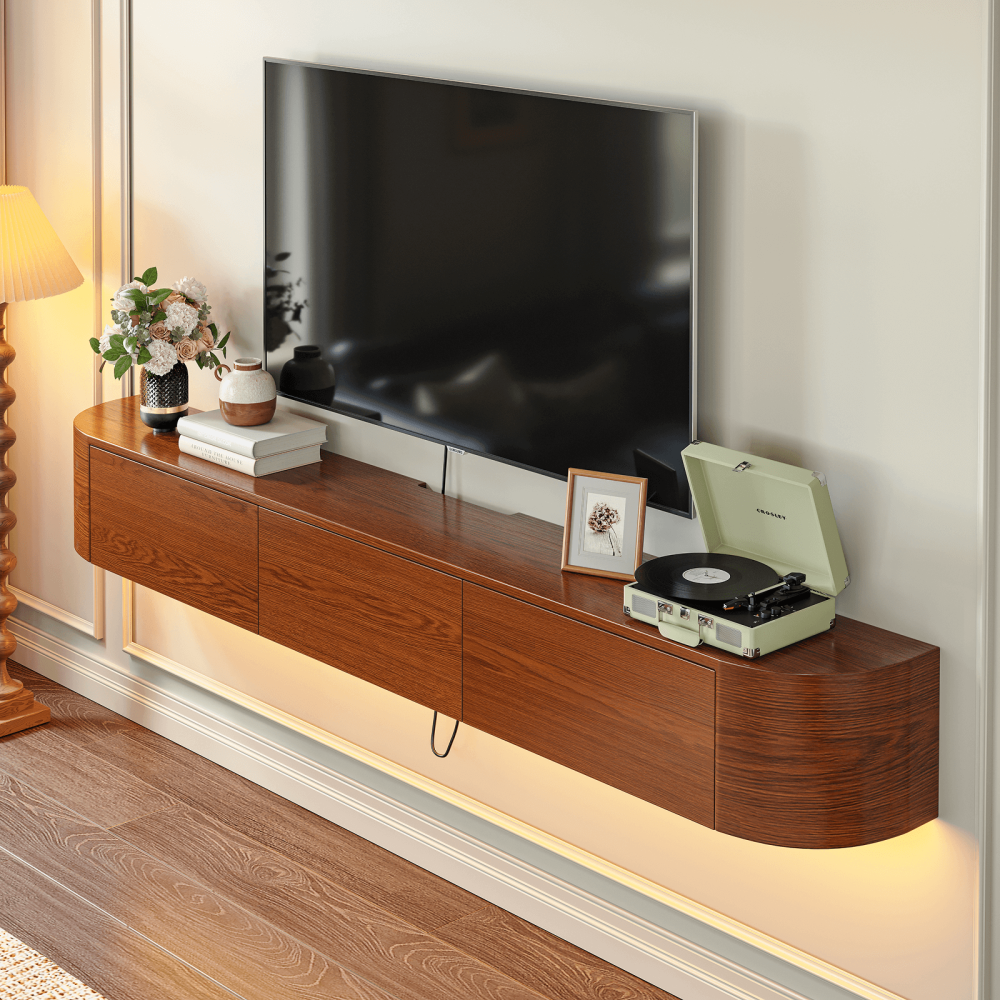 No-assembly floating media cabinet with wood grain finish and stylish storage