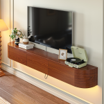No-assembly floating media cabinet with wood grain finish and stylish storage