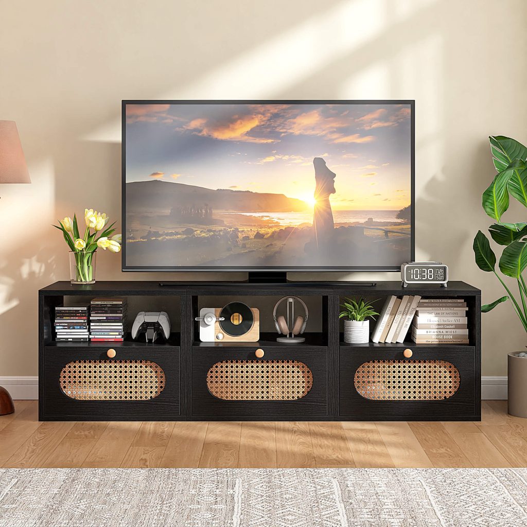 Sleek black rattan cabinet with retro decor and woven storage accents