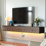 Slim floating media console in black and walnut