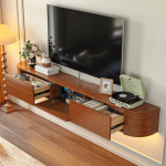 Solid wood veneer media cabinet with down-flap center door and side drawers