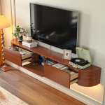 Solid wood veneer media cabinet with down-flap center door and side drawers