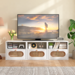 Three white cabinets combined into a large TV stand unit