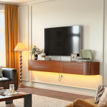 Vintage-style walnut wall-mounted TV cabinet with storage