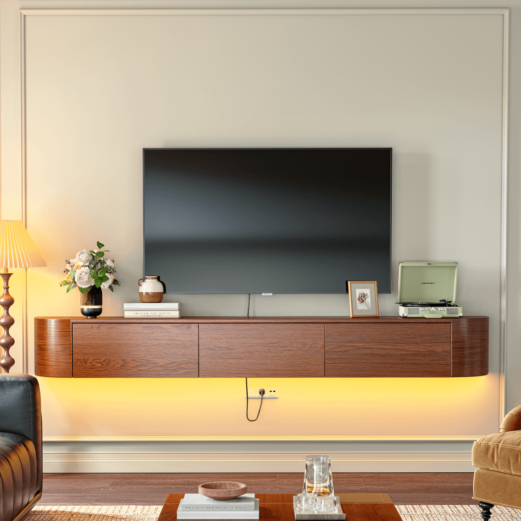 Walnut floating media cabinet with curved sides and drawers in modern living room