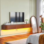 Walnut suspended media cabinet with record player and drawer storage