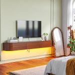 Walnut suspended media cabinet with record player and drawer storage