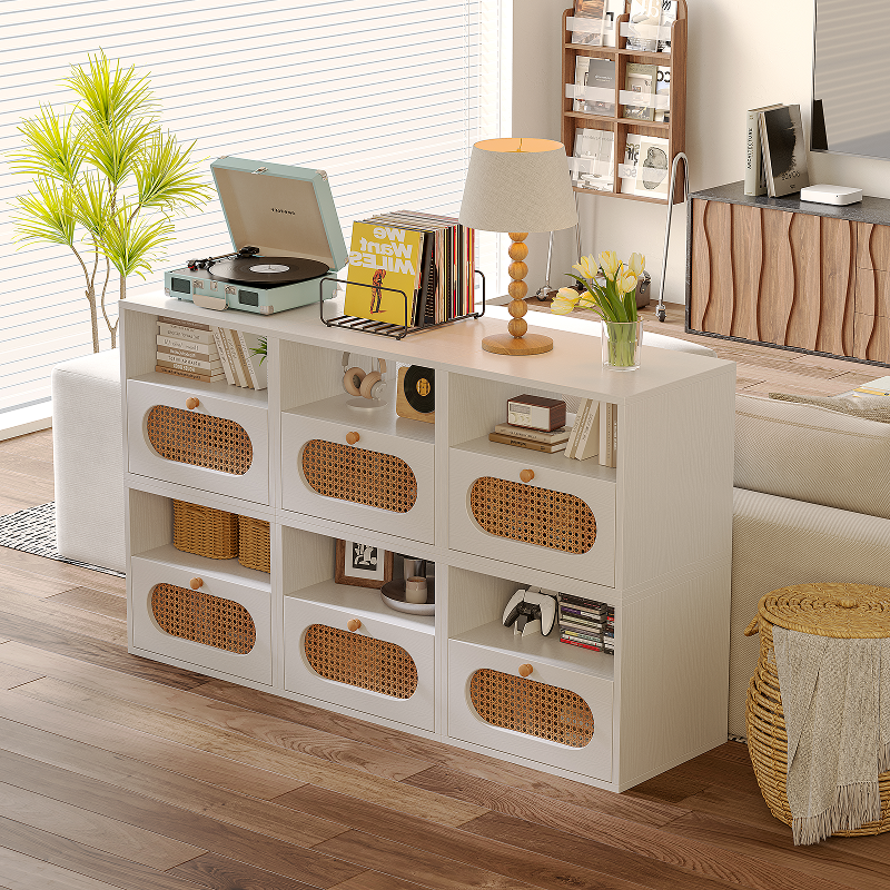White rattan cabinet with open top shelves and closed bottom doors