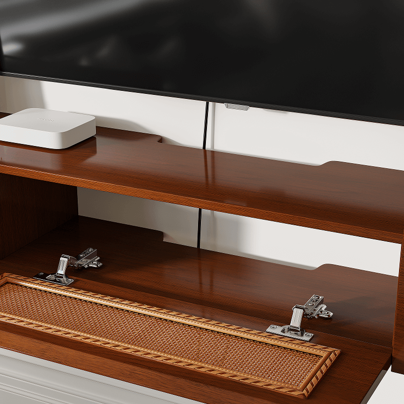 Contemporary living room featuring a wall-mounted walnut TV stand, demonstrating space-saving design with open floor beneath